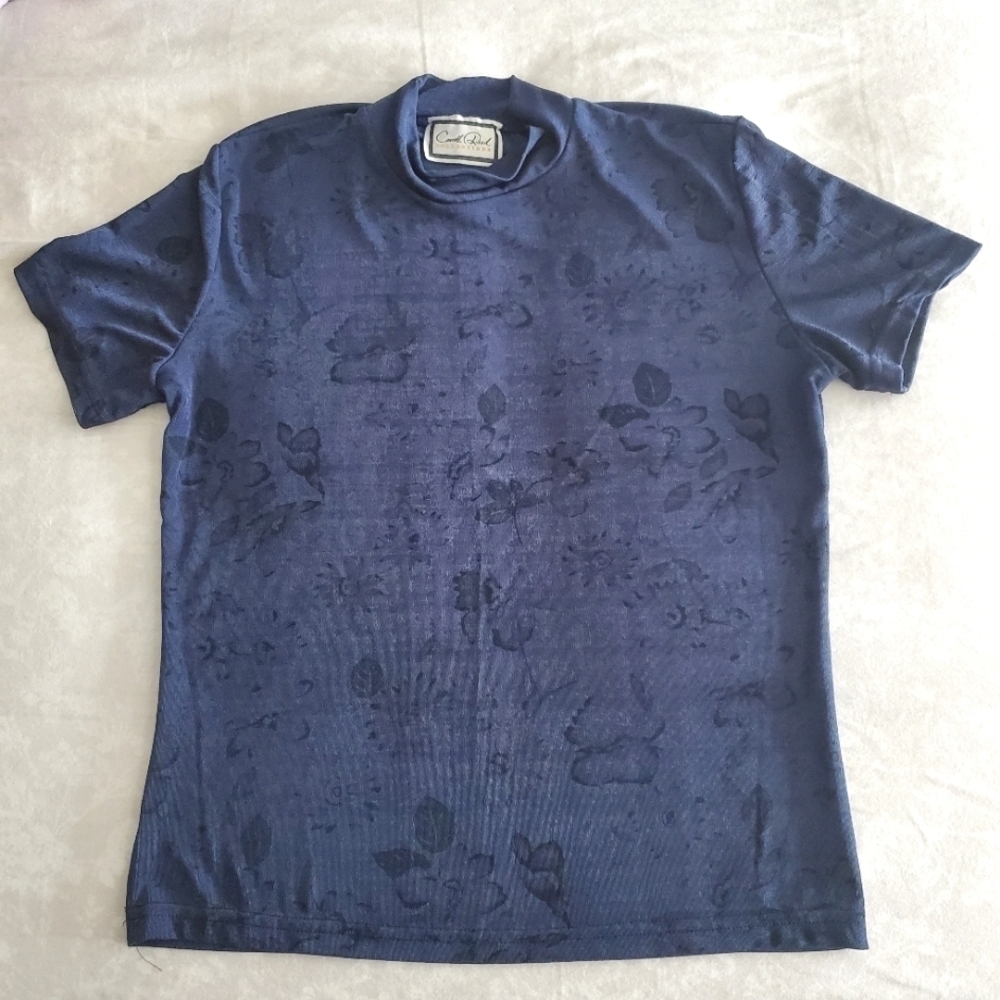 Carroll Reed Floral Print Shirt Pleated Mockneck Short Sleeves Relaxed-Fit Blue